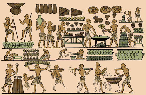 고대 이집트 제20왕조 파라오인 람세스 3세의 묘에서 나온 벽화. 당시 빵을 만들던 과정이 상세하게 그려져 있다. 위아래 그림은 각각 이승과 저승을 뜻한다. 사후세계에 갈 때도 빵을 중요하게 생각했음을 알 수 있다. (사진=위키미디어·과학동아)