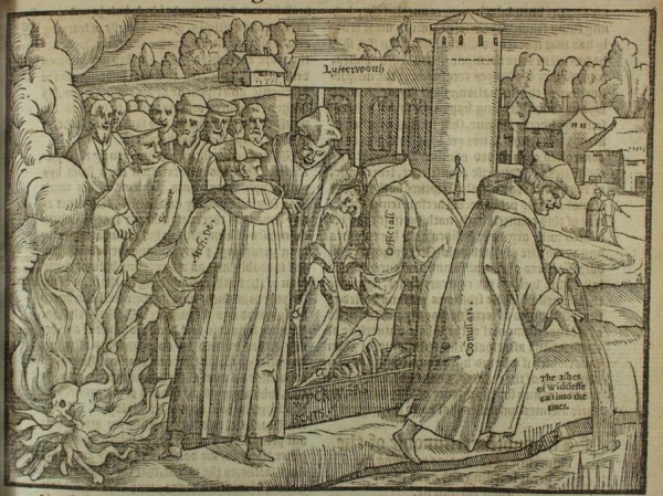 존 위클리프(John Wycliffe, 1320년경 ~ 1384년)는 영국의 기독교 신학자이며 종교개혁가이다. 사진은 존 위클리프 유골을 꺼내 불태워 강에 버리는 장면으로 존 폭스 순교자열전에 실린 삽화.(출처=네이버블로그 '오일레의 철학 카페')
