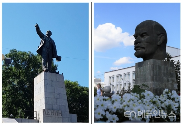 (왼쪽부터)블라디보스토크의 레닌 동상과 울란우데의 레닌 두상 동상