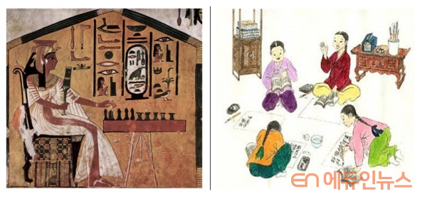 (왼쪽부터) 이집트 보드게임 놀이 세네트(SENNET, 출처: TUTANKHAMUN'S WORLD)와 우리나라 전통 고을모둠놀이(출처:구글)