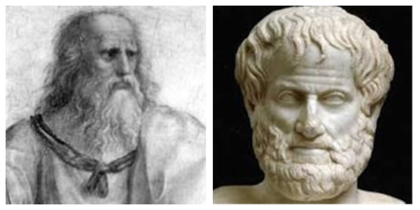 플라톤은 그리스의 철학자이며, 소크라테스의 제자로서, 객관적 관념론의 창시자이다. (왼쪽) 아리스토텔레스는 그리스의 철학자이며, 플라톤의 제자로서, 알렉산더 대왕의 스승이다.