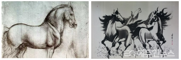 왼쪽부터 Leonardo da Vinci. Study of horses (circa 1490) 출처=https://1boon.kakao.com/allthatart/5d392985ec5db05127c94c7b 청운 양영환, 말세마리 군마도 출처=http://artpam.co.kr/home/shop/largeimage.php?it_id=1401110768&img=1401110768_l1