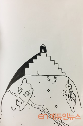 홍성주 유학생(예술가)는 "뽁뜨홍 할머니네 가파른 계단이 어떻게 하면 부드러워져 그녀가 밖으로 나와 따듯한 바람을 느끼고 볼 수 있을까를 생각하며 그림을 그렸다"고 작품 설명을 했다.(그림=홍성주)