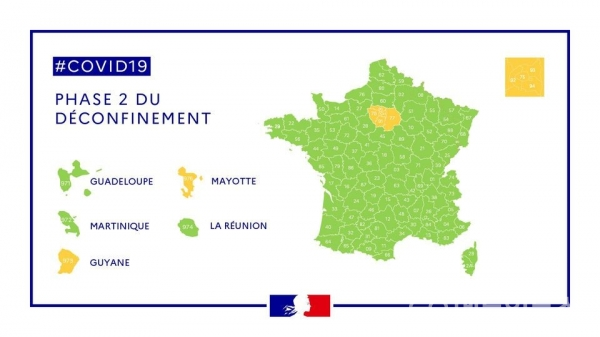 파리가 속한 내륙의 일드프랑스 와 프랑스령 마요트, 가이아나는 코로나 경보 지역인 오렌지 지역으로 분류 (출처=Gouvernement.fr)