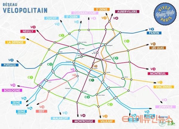 파리시에서 추진 중인 벨로 폴리탄 지도- 지하철 노선을 그대로 지상으로 올려 길을 내었다.(출처=https://votez-velo.paris/un-velopolitain-pour-paris)
