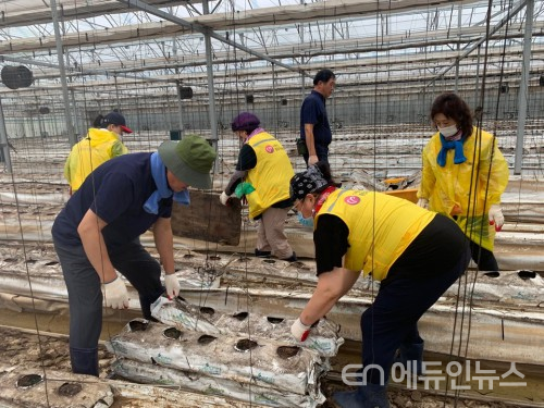 안성의 수해 피해 농가에서 수원시 재난재해전문봉사단이 비닐하우스 복구 작업을 진행 중이다.(사진제공=수원시)