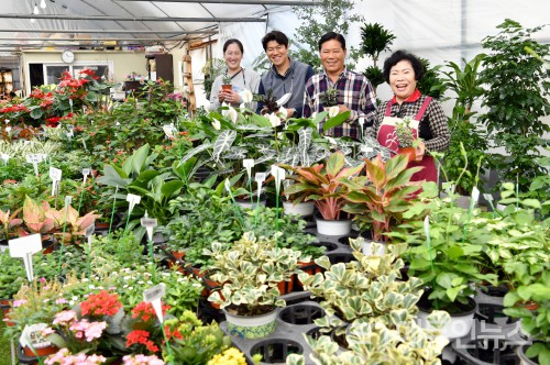 수원시 당수동에서 대를 이어 화훼농가를 운영하는 김승현씨 농가 가족들이 화원에서 환하게 웃으며 사진을 찍고 있다.(사진제공=수원시)