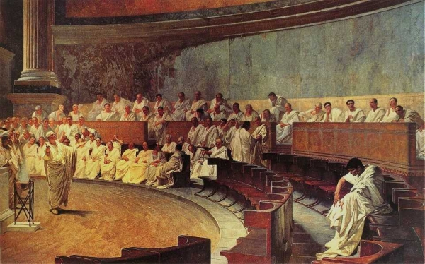 키케로가 않아 있는 로마 원로원 의원들을 향해 카틸리나를 비판하는 모습.(자료=위키백과)