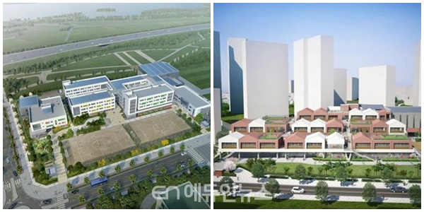 2021년 3월 1일 신설 개교하는 강빛초·중(왼쪽), 신길중학교 조감도 (사진제공=서울시교육청)