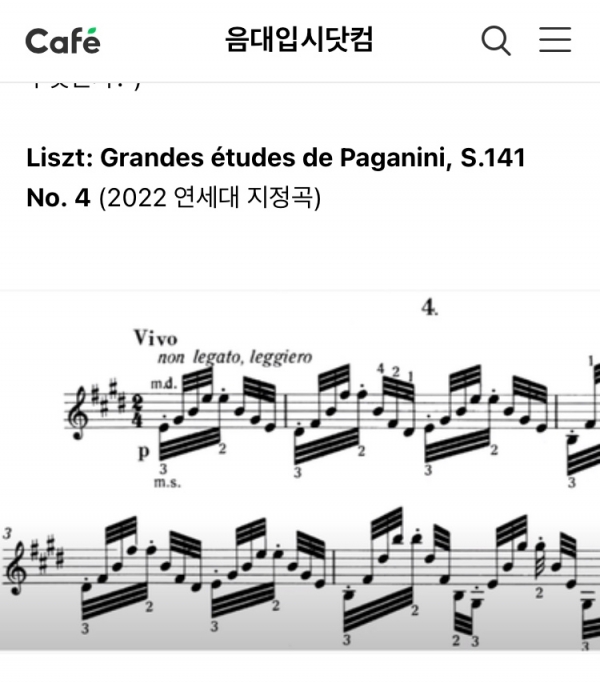 리스트 피아노 곡 중 32분 음표로 시작되는 소수 사례 악보. F.Liszt(리스트) - Paganini Etude No. 4 사진 네이버 블로그 캡처