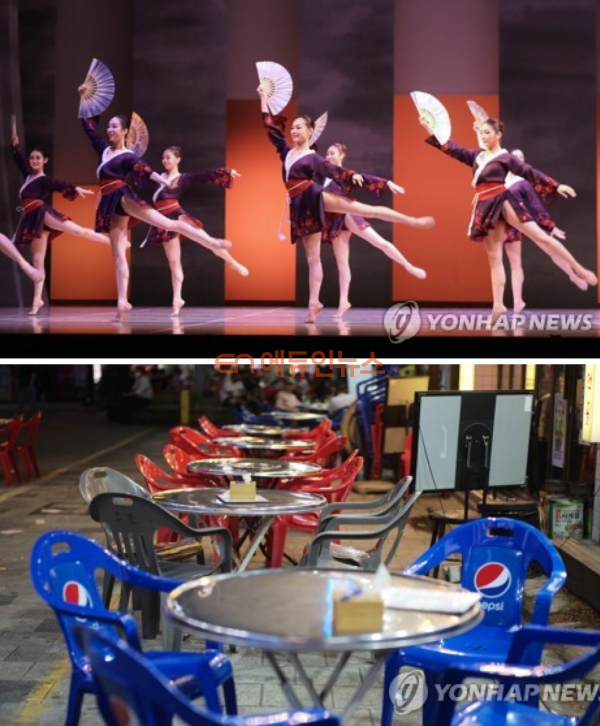 (위)지난 8월 서울 서초구 예술의전당에서 창작발레 '안중근, 천구에서의 춤' 단원들의 리허설 장면, (아래)같은 시기 경남 김해시 내외동 먹자골목의 한산한 야외 식당. 사진=연합 ⓒ에듀인뉴스